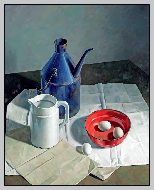 A still life with eggs, a jug and a milk churn on a table