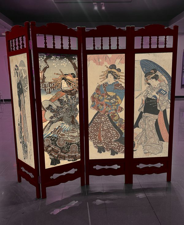 Bình phong Ukiyo-e Đỏ Son – Bộ 4 cánh treo/đứng