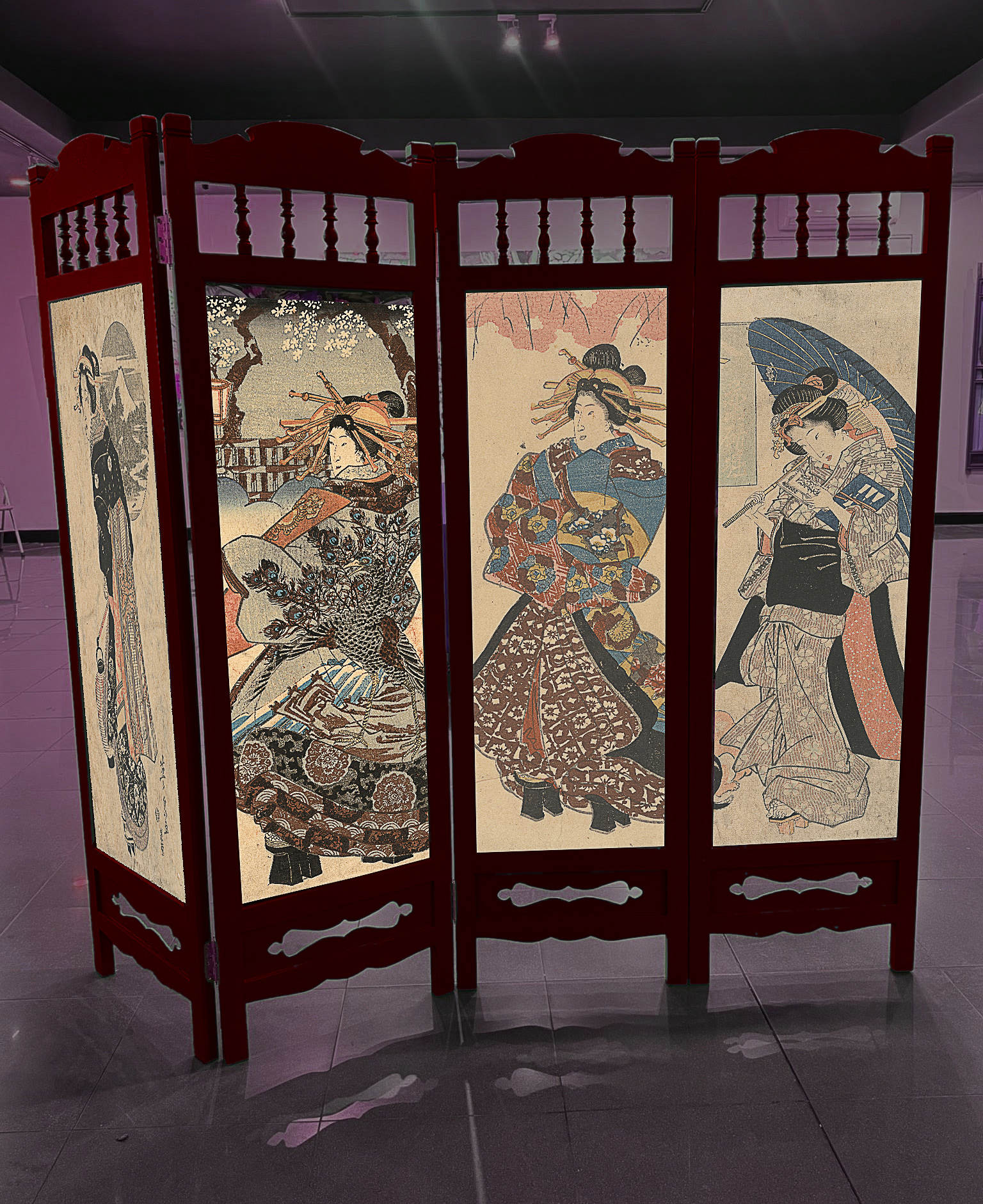 Bình phong Ukiyo-e Đỏ Son – Bộ 4 cánh treo/đứng